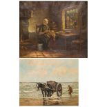 Dutch School, 20th C. A shell fisher in the surf; A Dutch interior with mother and child. (2x).
