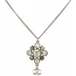 Chanel CC Crystal Flower silver tone necklace and pendant set with clear white and yellow rhinestone