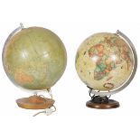 A set of (2) various earth globes, a.w. Germany, 20th century.