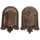 A set of (2) matching oak family crest panels, Dutch, late 19th century.