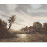Dutch School 20th C. Landscape with cattle and farmhouses.