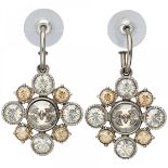 Chanel CC Crystal Flower silver tone earrings set with clear white and yellow rhinestones.