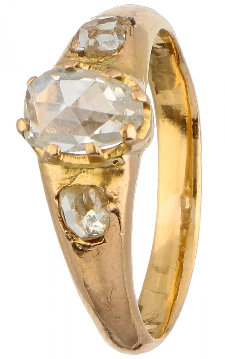 Yellow gold three-stone ring set with rose cut diamonds - 18 ct.