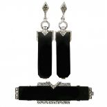 Set of silver Art Deco style earrings and brooch set with onyx and marcasite - 925/1000.