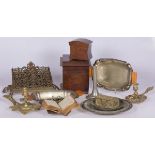 A lot of various items including silver-plated serving dishes and various boxes.