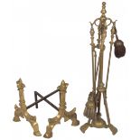 A brass chimney set together with two fire dogs/ andirons, France, 20th century.