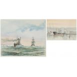 Ad M. Oudes, 20th. C. A tugboat and a clipper on the Red Sea; and a watercolour of a freighter on th