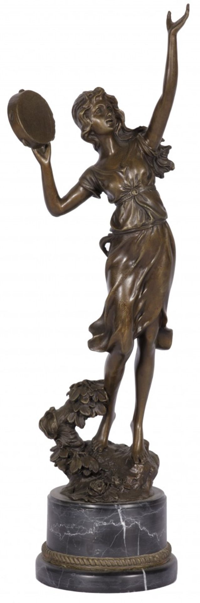 A bronze sulpture of a dancing and music making gypsy, France(?), 20th century.