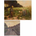 A lot comprising (2) paintings. The first depicting harvesting farmers, the second figures on a quai