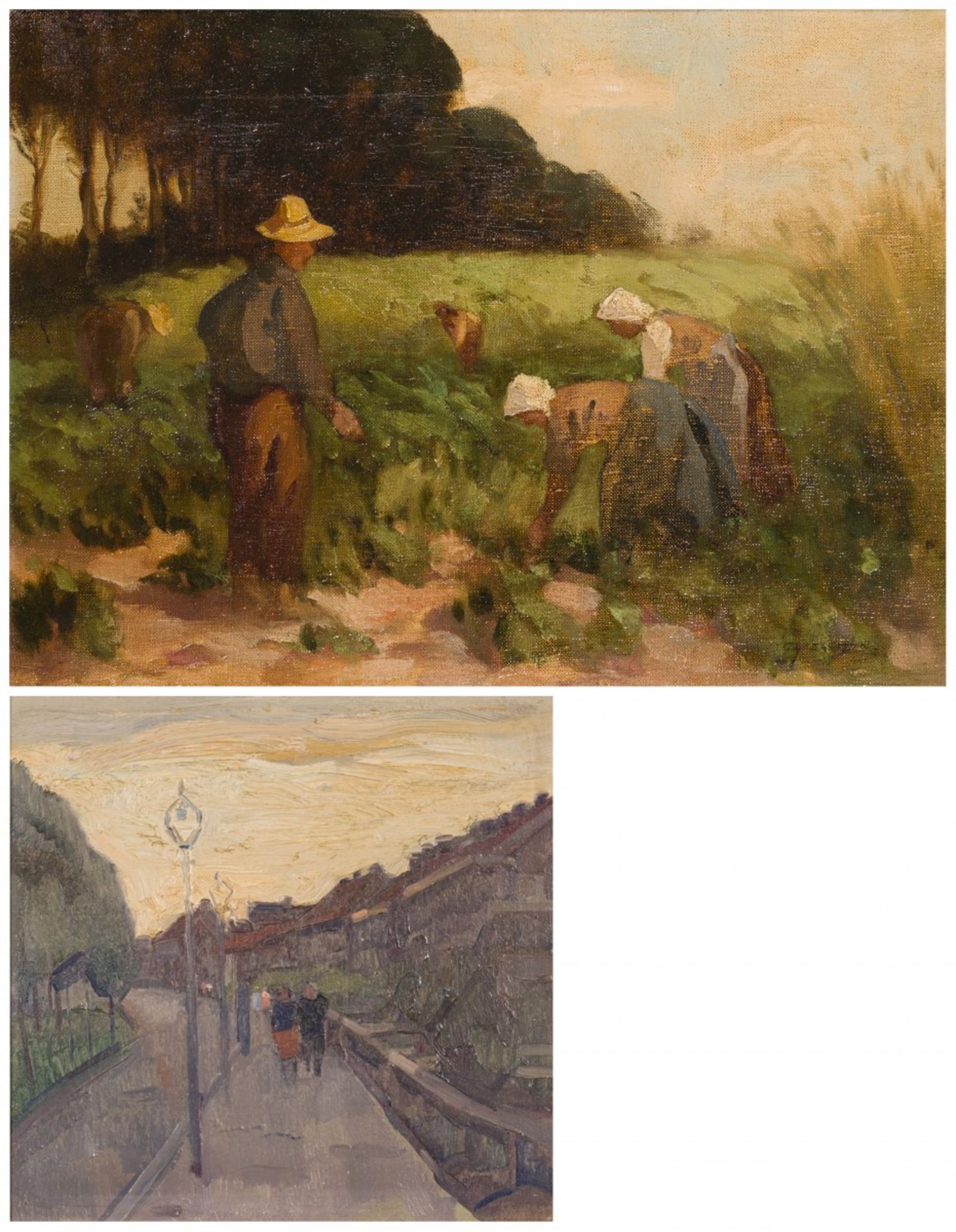 A lot comprising (2) paintings. The first depicting harvesting farmers, the second figures on a quai