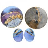 Lot of 2 DT design hand-painted real gold brooches and ear clips.