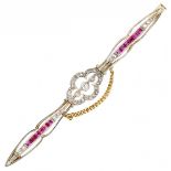 Yellow gold / platinum Art Deco brooch, with approx. 0.20 ct. diamond and approx. 0.36 ct. natural r
