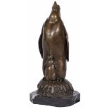 A bronze sculpture of a pinguïn-mother and child, 2nd half 20th century.
