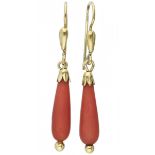 Yellow gold drop-shaped earrings with red coral - 14 ct.