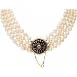 Antique four-row freshwater pearl necklace with a yellow gold closure and diamond - 14 ct.