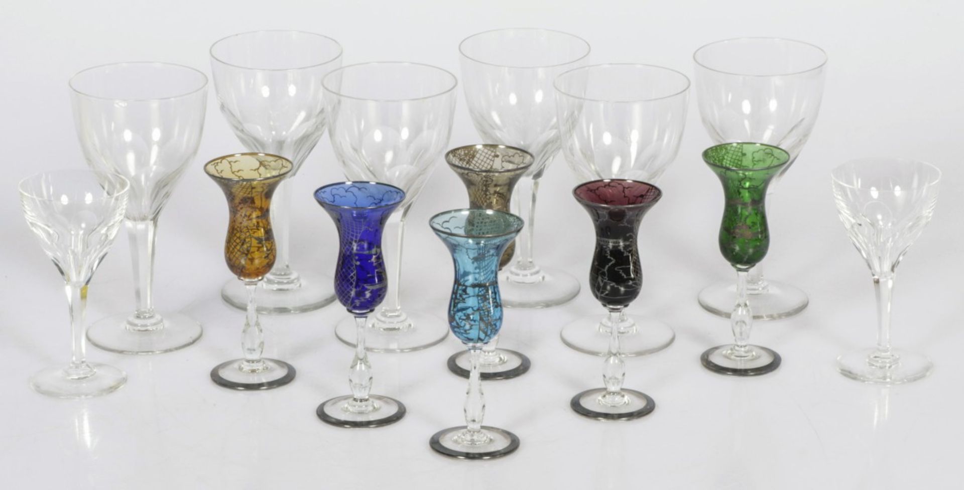 A lot of various wine and shot glasses, 20th century.