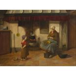 H. van Langen (1874 - 1964). A peasant woman pealing potatoes in an interior.