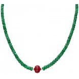 Single strand necklace with a 925/1000 silver closure, completely set with green quartz and ruby in