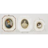 A lot of (3) miniature portraits in bone frames, 20th century.