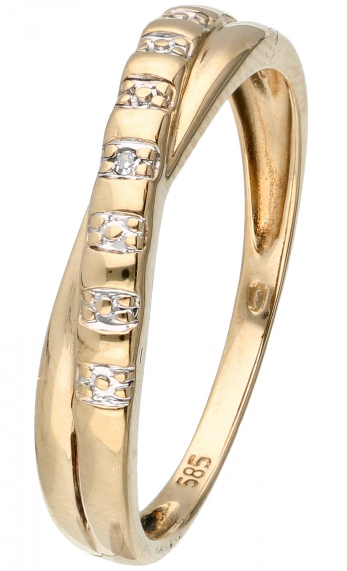 Yellow gold criss cross ring set with a diamond - 14 ct.