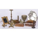 A lot of various items including bronze sculptures and wooden boxes.