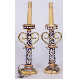 A set of (2) majolica candle holders/ lamp bases, Italy, 20th century.