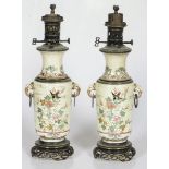 A lot comrising (2) vases with Kutani motifs, refitted as lamp bases, Japan, circa 1900.