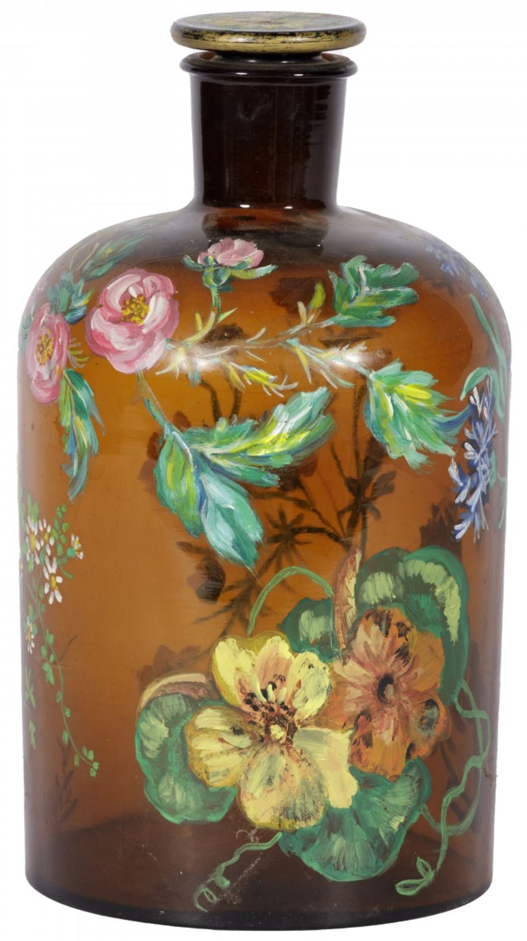 A green glass flask, cold-painted with floral motif, 20th century.