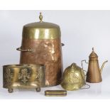 A lot of various copperware a.w. a fireplace ash bucket, a jardinière, a coffee pot, a tobacco box a