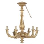 A gold-painted pandant chandelier fitted for candles.