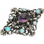 Openwork silver brooch set with natural amethyst and natural opal - 835/1000.