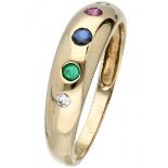 Yellow gold Gypsy ring set with diamond, sapphire, emerald and ruby - 14 ct.