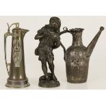 A lot of a ZAMAC sculpture and (2) jugs, France(?), late 19th century and later.