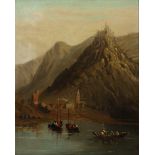 School of Tyrol, 19th. Century, Rowers on an Alpine lake, a castle on a mountaintop.