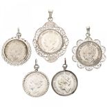Lot of 5 silver Dutch coin pendants - 835/1000.