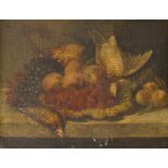 Indistinctly signed (l,ower right), A sporting still life with birds and fruits.