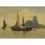 Philip Haezer, first half 20th C., Barges on the river Maas, The "Grote Kerk" towering.