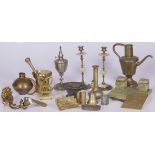 A lot of various items including a bronze mortar and several candlesticks.