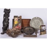 A lot of miscellaneous items including a painter's chest and a carved ebony sculpture.