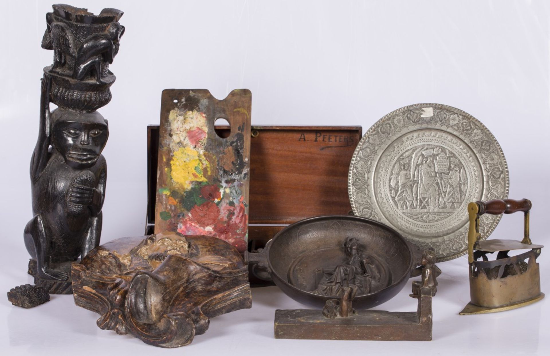 A lot of miscellaneous items including a painter's chest and a carved ebony sculpture.