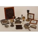 A lot miscellaneous including a silver clasp bag and candlesticks.