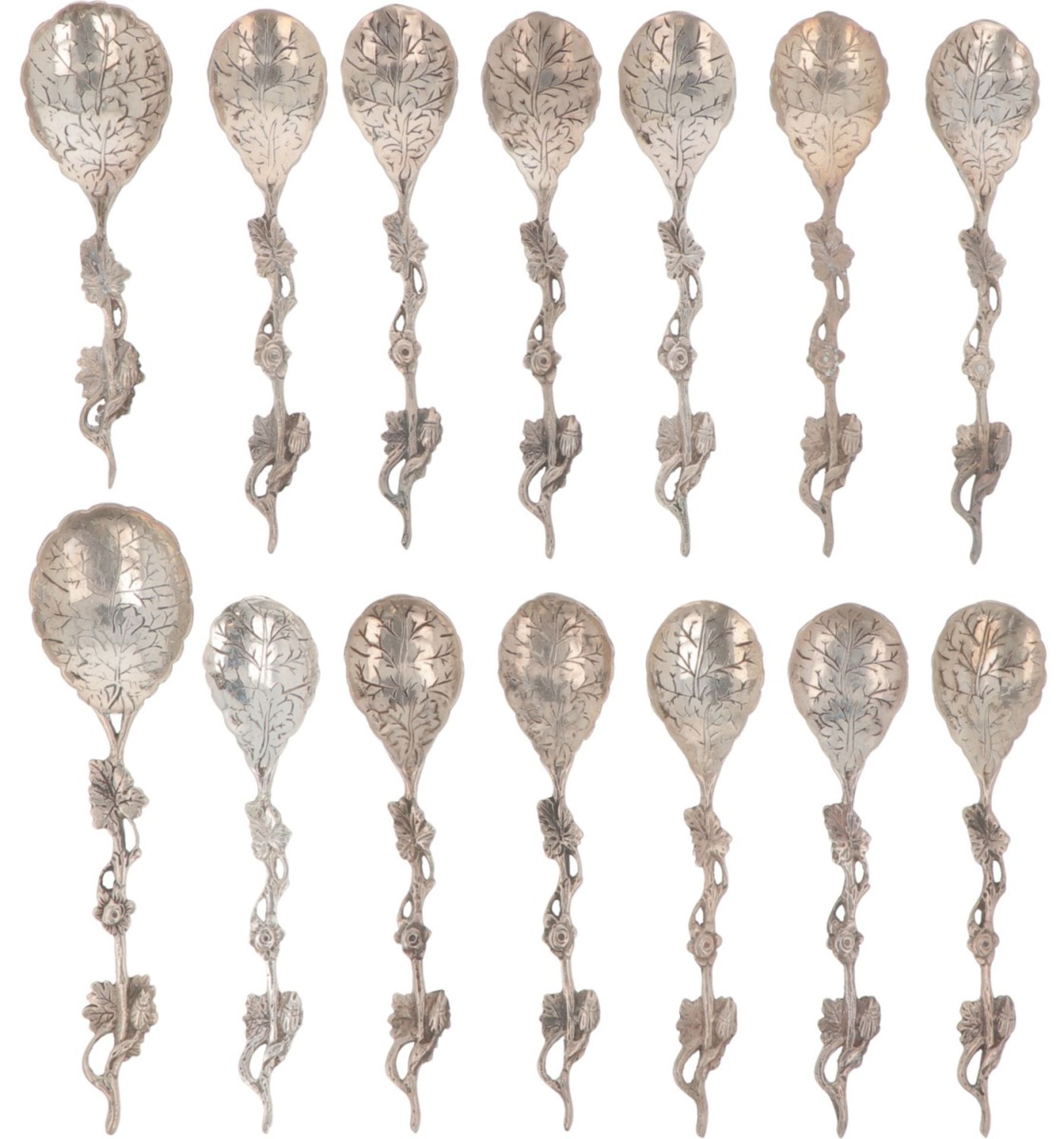 (14) piece set of teaspoons with sugar scoop and tea thumb silver.