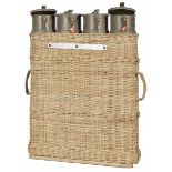 A canework granate basket with (4) metal tubular containers, 2e helft 20th century.