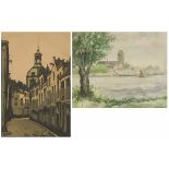 A lot comprising a watercolour by Piet van Rhoon, and a woodcut by Henri Wills.