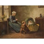 Dutch School, 20th C. A peasant interior with an mother and children.