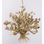 A gold painted pendant chandelier, bouquet of flowers, mid. 20th century.