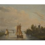 Dutch School, 19th C., Shipping in a river landscape.