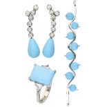 Set of earrings, pendant and ring with zirconia and blue stone - 925/1000.