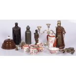 A lot of various items including a wooden lamp stand and a candelstick.