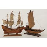 A model ship "The Gold Hind", England, together with another model ship, 20th century.